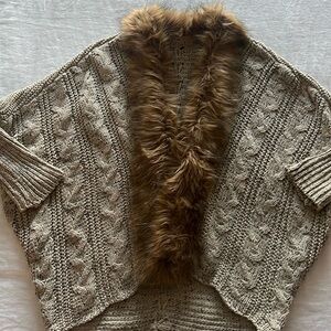 Faux fir trim, shawl collar cable knit cardigan